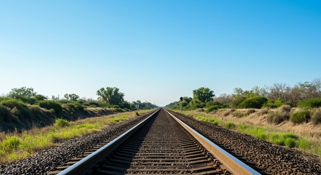 Infinite journey train tracks stretching to horizon under clear blue sky