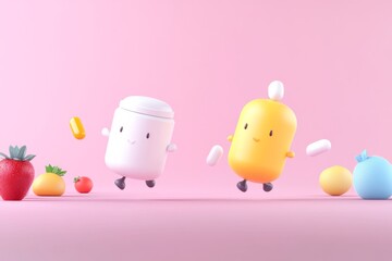 Fun playful characters with fruits and colorful items on a pink background showcasing creativity and joy in design