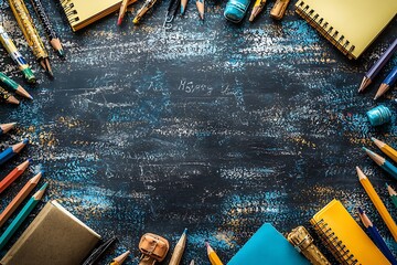 Colorful School Supplies on Chalkboard