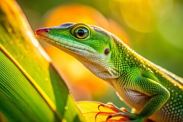 Naklejka premium Macro Close-up of Brown Anole Lizard Basking in Florida Sunshine