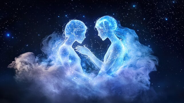 A mystical representation of the Gemini twins, illustrated as ethereal figures surrounded by stardust.