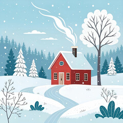 red cottage in a beautiful cold winter landscape
