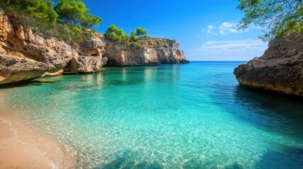 Fototapeta premium A secluded cove with crystal-clear turquoise water, surrounded by towering cliffs and lush green vegetation
