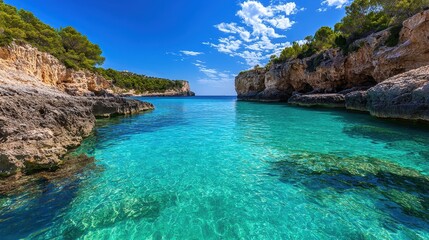 Fototapeta premium A secluded cove with crystal-clear turquoise water, surrounded by towering cliffs and lush green vegetation