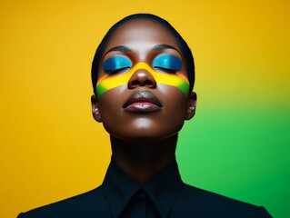 Stylish black woman in dark outfit wearing bold colorful eyeshadow against bright yellow and green gradient background for striking high fashion portrait