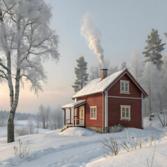 red cottage in a beautiful cold winter landscape