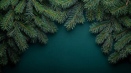 Close-up of pine tree branches on a dark green background, macro photography.