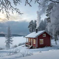 red cottage in a beautiful cold winter landscape