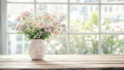 Fototapeta premium Spring Bouquet by the Window: A Delicate Arrangement of Pastel Flowers in a Rustic Vase