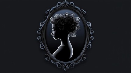 A Victorian-style cameo silhouette of a woman with intricate curls, framed by an ornate oval border against a deep black background