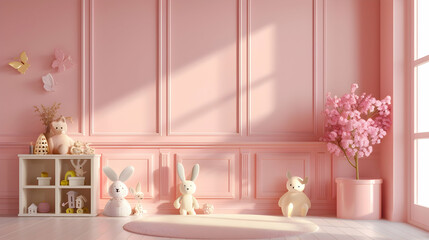 pink child room interior for mockup, 3D rendering