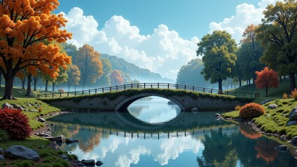 Fog-Enveloped Bridge Over Quiet River in England captures serene beauty of nature. Concept highlights tranquility of landscapes with Fog-Enveloped Bridge Over Quiet River in England