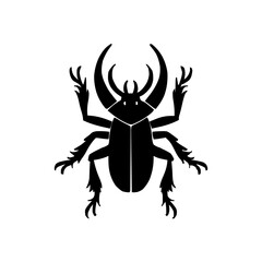An illustration featuring a black Scarab hieroglyph silhouette set against a clean white background depicting a detailed beetle with legs and antennae, symbolizing transformation and rebirth.