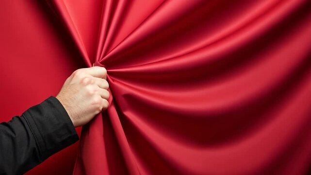 A hand pulling back a vibrant red curtain, revealing a hidden scene, possibly for a performance