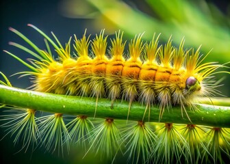 Fototapeta premium Macro Photography: Fuzzy Yellow Caterpillar Crawling on Plant Stem