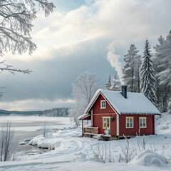 red cottage in a beautiful cold winter landscape