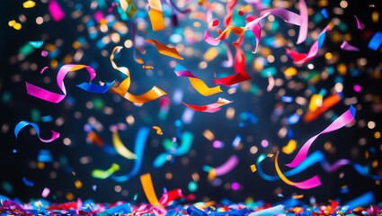 Dynamic colorful streamers swirling and falling, creating a lively party atmosphere. Ideal for festive backgrounds, event invitations, and celebration designs