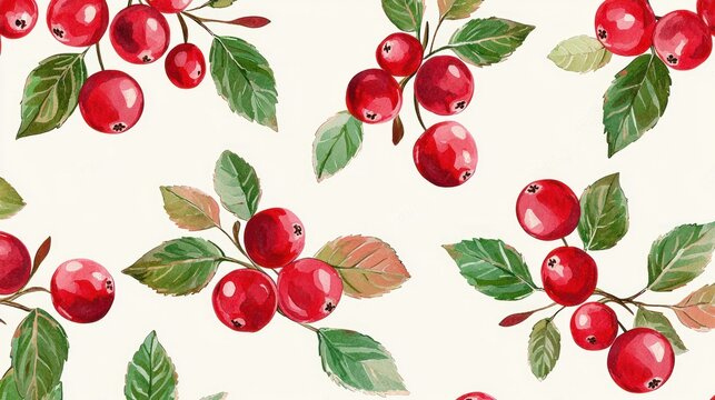 A seamless cranberry pattern featuring berries and green leaves on a light background.