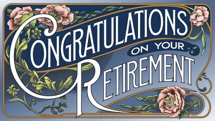 Vintage Congratulations Card: Elegant floral design with decorative lettering celebrating retirement, perfect for invitations or announcements.