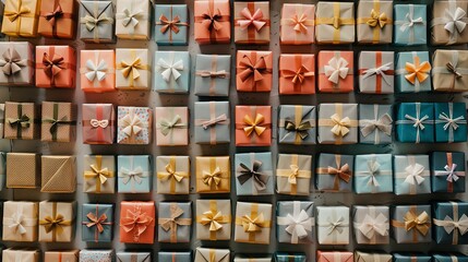 A collection of wrapped gifts with bows.
