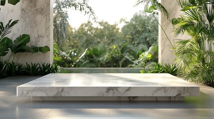 Marble Display Platform Amidst Lush Tropical Greenery
