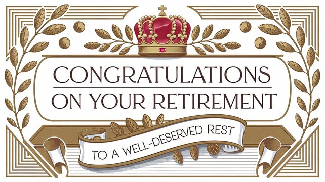Retirement Announcement Card: Elegant design featuring a crown, laurel leaves, and congratulatory text for celebrations and events.