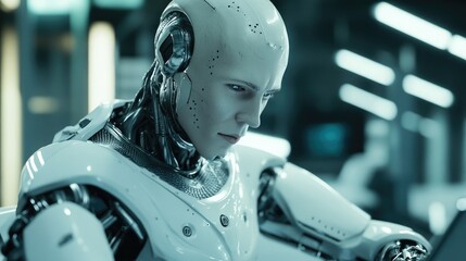 Fototapeta premium A humanoid robot wearing a sleek suit sits at a desk in front of a laptop,