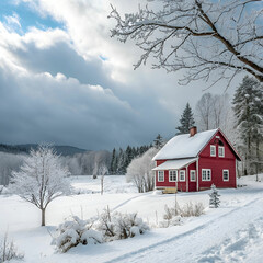 red cottage in a beautiful cold winter landscape
