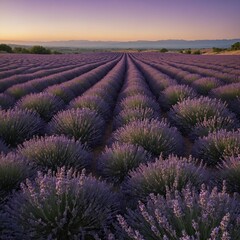 Fototapeta premium Lavender Fields at Dusk – Endless rows of fragrant lavender stretching toward the horizon, bathed in the soft glow of twilight, seamlessly blending into white.
