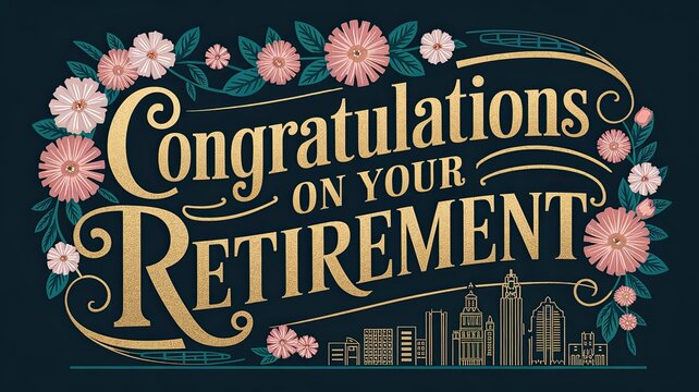 Celebratory Retirement Card: Elegant floral design with golden text on a dark background, perfect for retirement celebrations. - Powered by Adobe