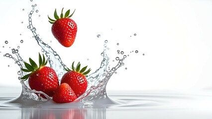 Fresh strawberries splashing into water creating vibrant droplets in a clean, bright setting
