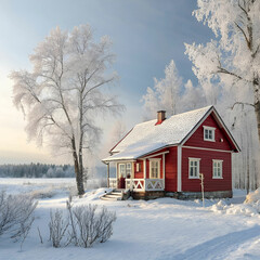 red cottage in a beautiful cold winter landscape