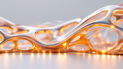 Fluid lines and organic shapes intertwine, reflecting light in a dance of amber hues and shiny silver, evoking a sense of dynamic life inspired by molecular architecture