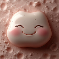 Fototapeta premium Pastel pink clay emoji with a joyful smile and closed eyes, featuring a handmade texture, set against a warm beige background with soft, diffused lighting. Generative AI