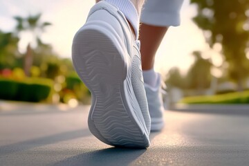 Walking on a sunny path with white athletic shoes in the afternoon light near a vibrant garden in a residential area