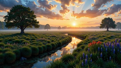 Serene Foggy Marshlands at Daybreak in Netherlands showcase lush greenery and tranquil waters under vibrant sunrise. Concept emphasizes tranquility of Foggy Marshlands at Daybreak in Netherlands