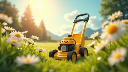 Fototapeta premium Push lawn mower, Child yellow lawn mower among daisies playful scene under midday sun whimsical backyard