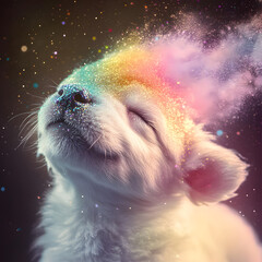 Dreamy puppy with a colorful galaxy effect