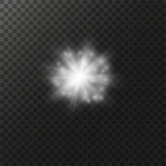 glow light effect. luminous element. a large star with a glow effect, iridescent sparks highlighted on a black background. vector transparent sunlight, lens flash effect or sun rays or spotlight flash