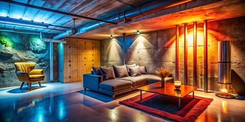 Fototapeta premium Macro Shot of Modern Underground Home's Interior Detail: Concrete Texture and Lighting