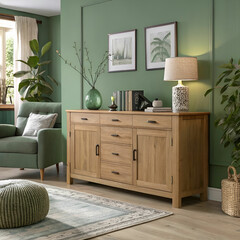 wood sideboard in green living room