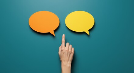 Index finger pointing to dialog bubbles showing choice or making selection