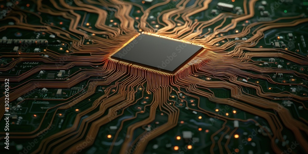 Poster A close-up of a microchip surrounded by intricate circuit paths, emphasizing modern technology and electronic innovation.