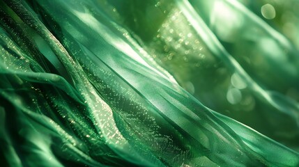 A close-up of a shimmering green fabric with a subtle texture.