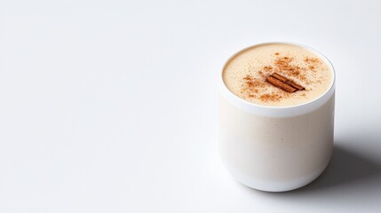 A banana almond smoothie with cinnamon sprinkled on top, served in a minimalist white cup.