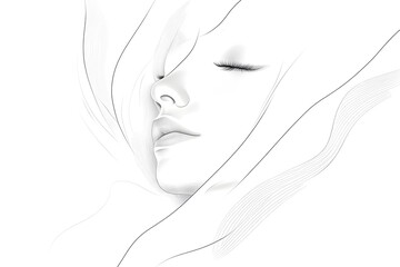 Pensive Feminine Profile   Minimalist Black and White Line Art Portrait
