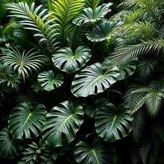 A vibrant collection of tropical jungle foliage with lush green leaves and exotic plants, perfect for nature-inspired designs, botanical backgrounds, eco-friendly themes, and tropical decor concepts.