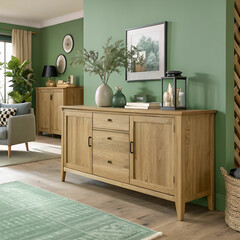 wood sideboard in green living room