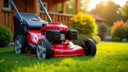 Fototapeta premium Push lawn mower, A red push lawn mower shines under golden hour light near a wooden shed with a lush garden