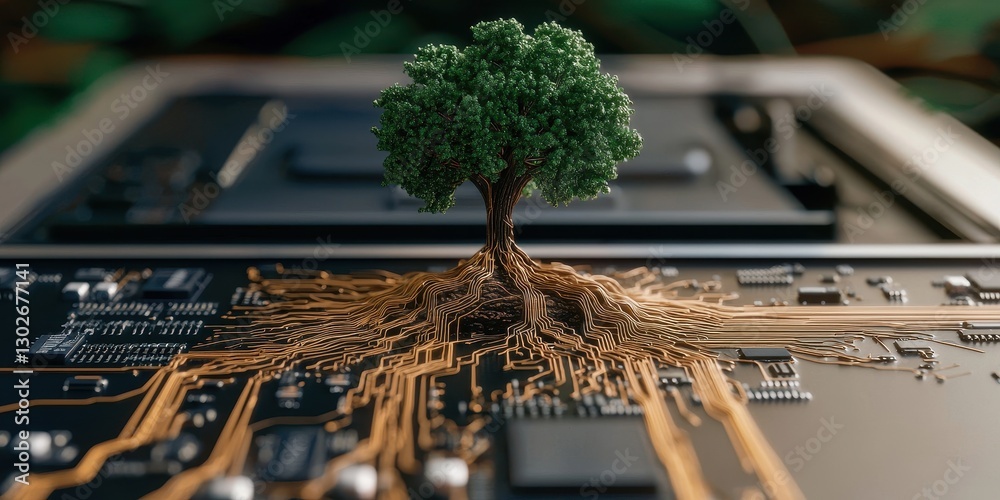 Poster A miniature tree grows from a computer chip, symbolizing the intersection of nature and technology in a visually striking manner.